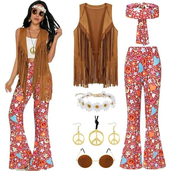 Women’s 60s 70s Disco Hippie Costume Set Fringe Vest Boho Pants Accessories - Picture 1 of 6